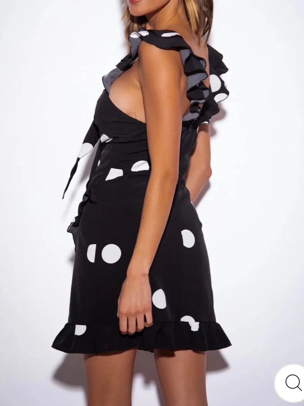 SNDYS. Morocco Mini Dress Black White Polka Dot Front Tie Cutout - Picture 9 of 16